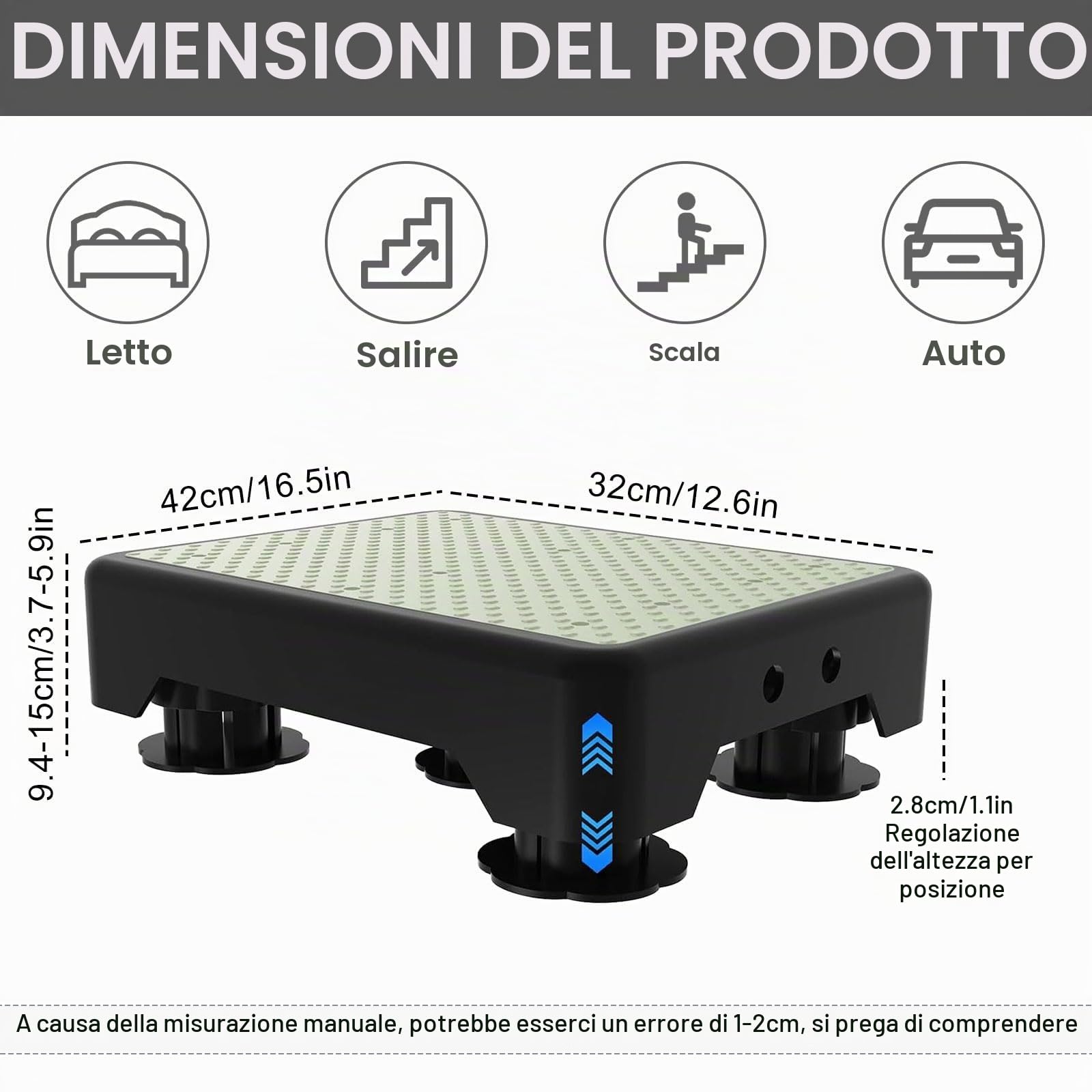 Semi-gradino antiscivolo, gradino retroilluminante, regolabile in altezza su 3 livelli, portata fino a 250 kg, aiuto per anziani e bambini, sgabello doccia e gradino auto per interni ed esterni