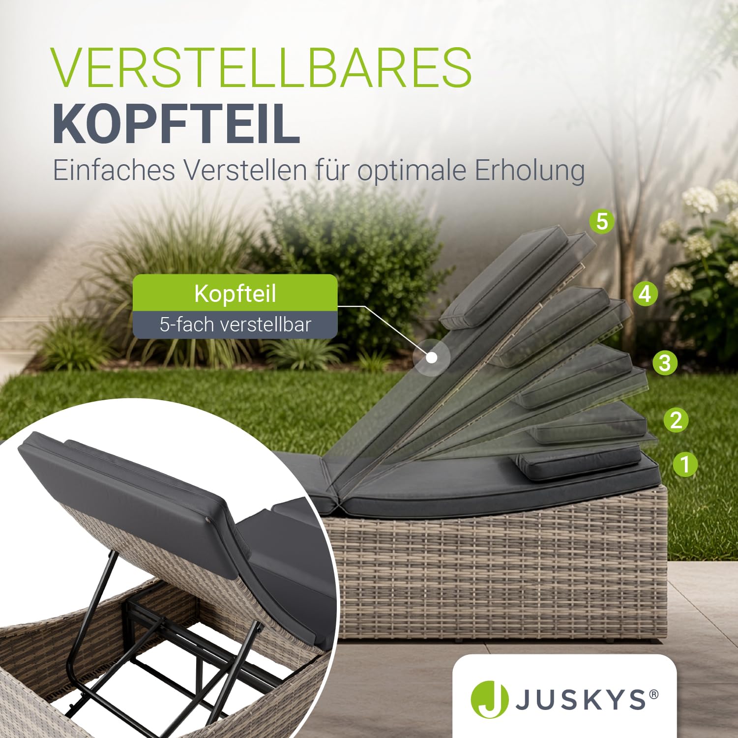 Juskys Sonnenliege Lamia klappbar - Polyrattan Gartenliege mit Auflage, Kopfteil verstellbar, 160 kg belastbar - Garten Balkon Outdoor Liege Grau