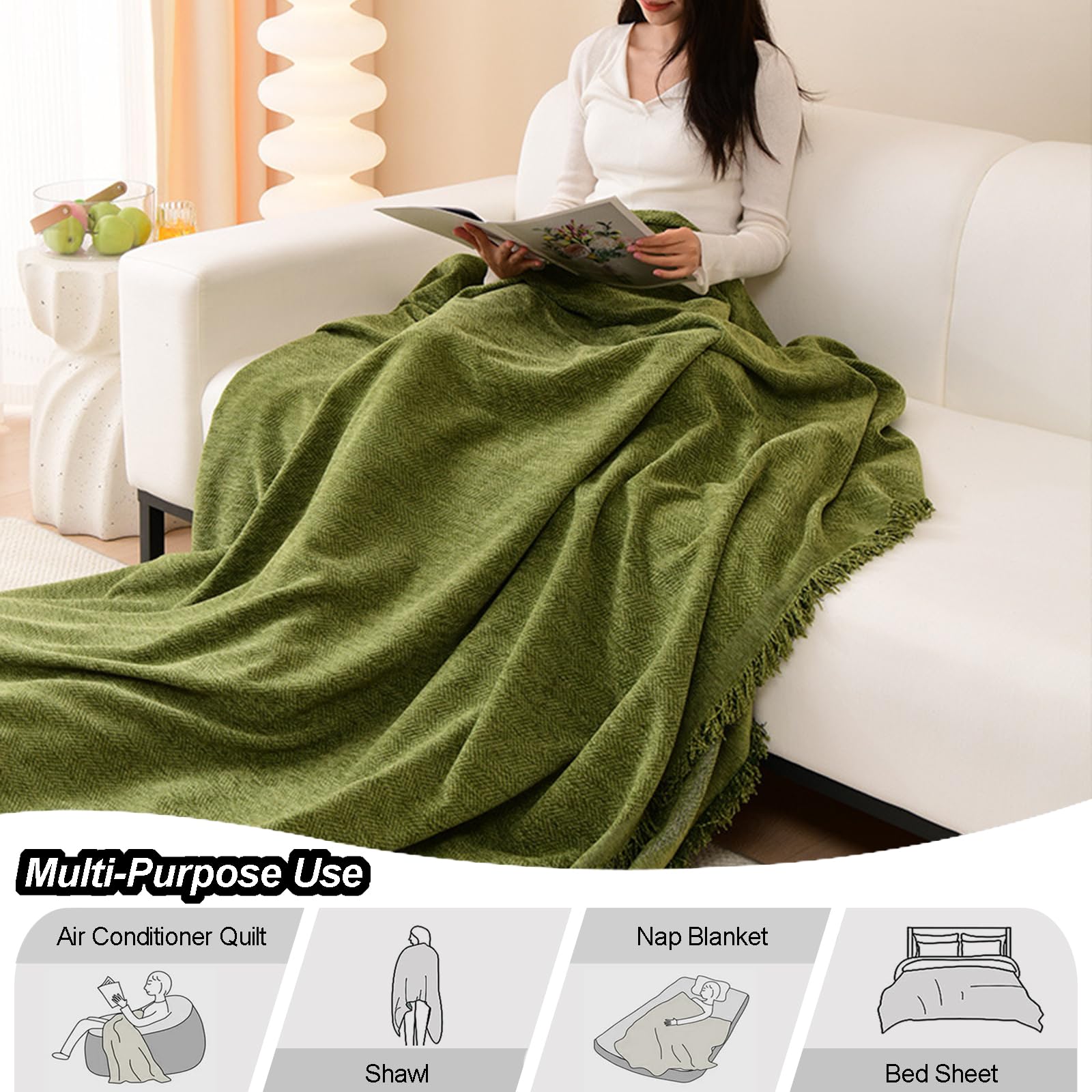 Plaid Ou Jeté De Canapé En Forme De L/U, 1 2 3 4 Places CombinéE Couvre De Canapé D'Angle Housse De Canapé En Chenille à Chevrons Couverture Polyvalente Pour Canapé Pause DéJeuner(180X230cm,Green 2)