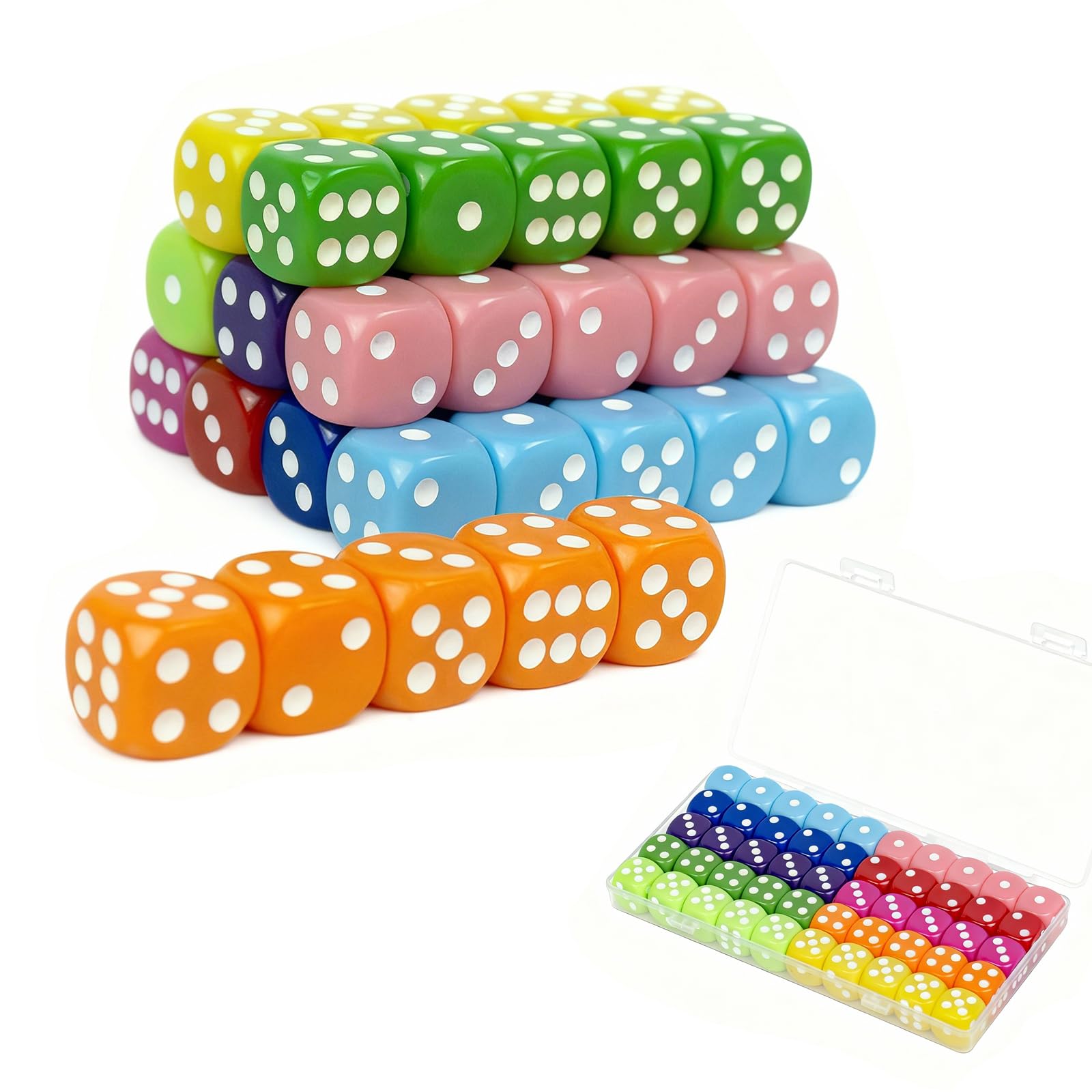 50 Pieces Dice Set 6 Sided 10 Colours Spot Dices with Box, 16mm Round Corner, Pefect for Board Games Dice Gamces Math Teaching (Solid Color)