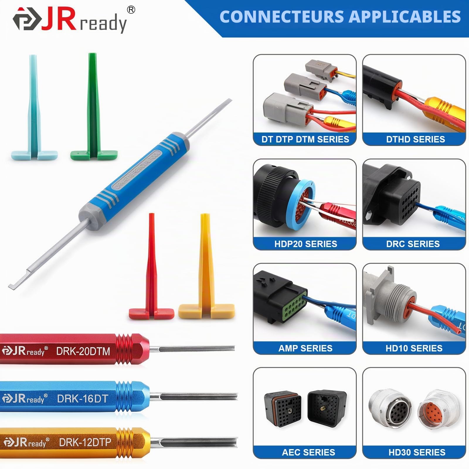 JRready ST5231-08 Kit d'outil d'extraction d'épingle allemand Pour 12# 16# 20# Contacts solides & estampés 10-22 AWG Outil de déverrouillage connecteur automobile Pour connecteur allemand