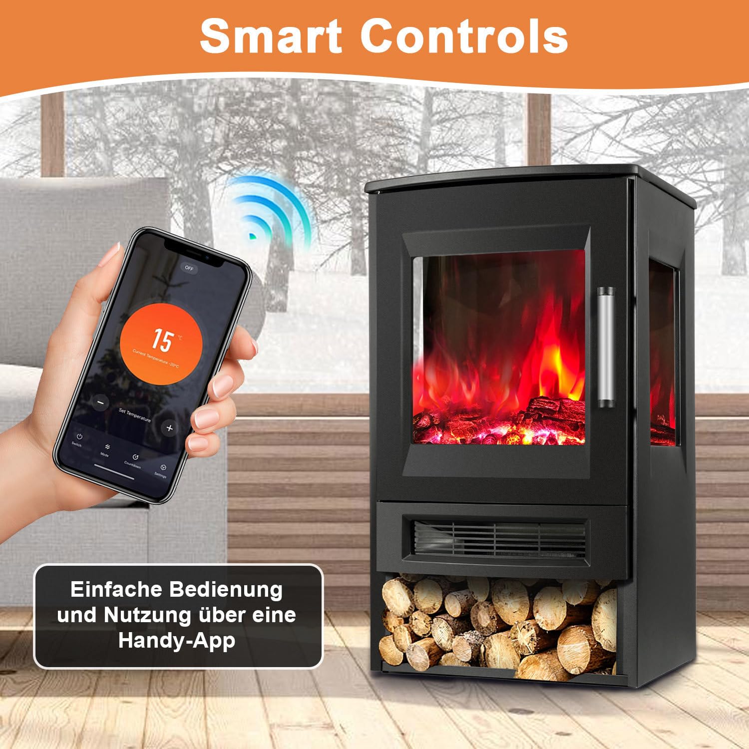 Kominek elektryczny z ogrzewaniem, kominek elektryczny z płomieniem LED, z pilotem zdalnego sterowania WiFi i timerem, panoramiczne okienko, regulowany termostat, termowentylator, 900 W/1800 W