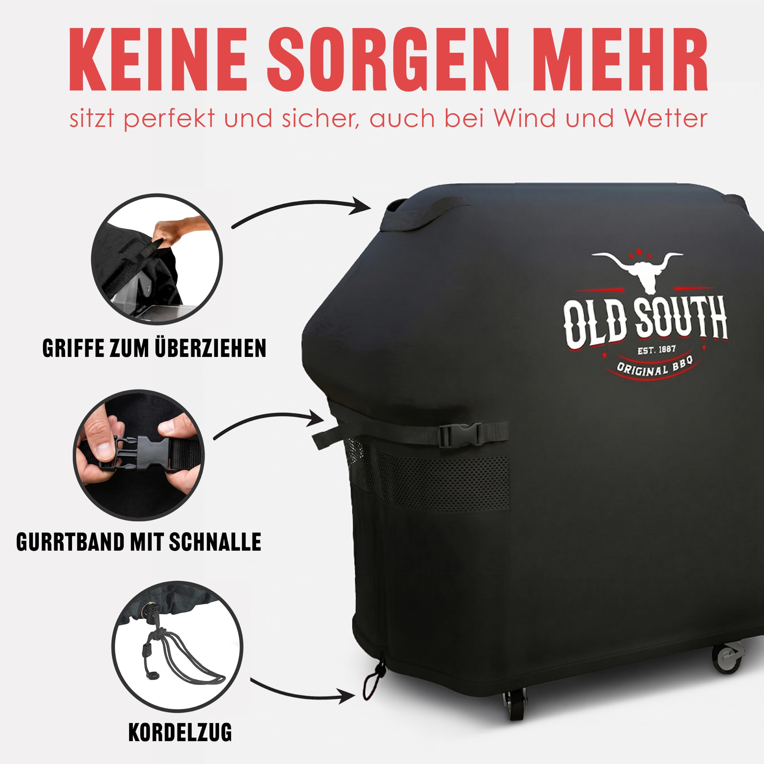 Old South - Grillabdeckung Wetterfest - Grill Abdeckhaube für Gasgrill | Für Weber, Napoleon, Enders, Rösle - Grillhaube Cover Wasserdicht (132 x 65 x 110 cm, Schwarz)