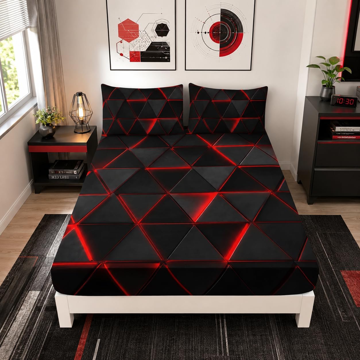 Geometric Triangle Bedding Full Size,1 Fitted Sheet+2 Pillowcases.