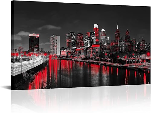 sechars Lienzo artístico de pared de Filadelfia, blanco y negro, rojo, ciudad de Estados Unidos, horizonte nocturno, impresión fotográfica moderna