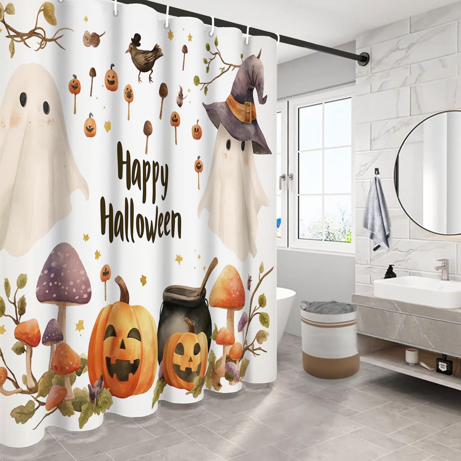 Duschvorhang Kürbispilz H240Xb200Cm | Retro Country Halloween Wasserdichter Stoff Maschinenwaschbarer Badezimmervorhang Mit Haken