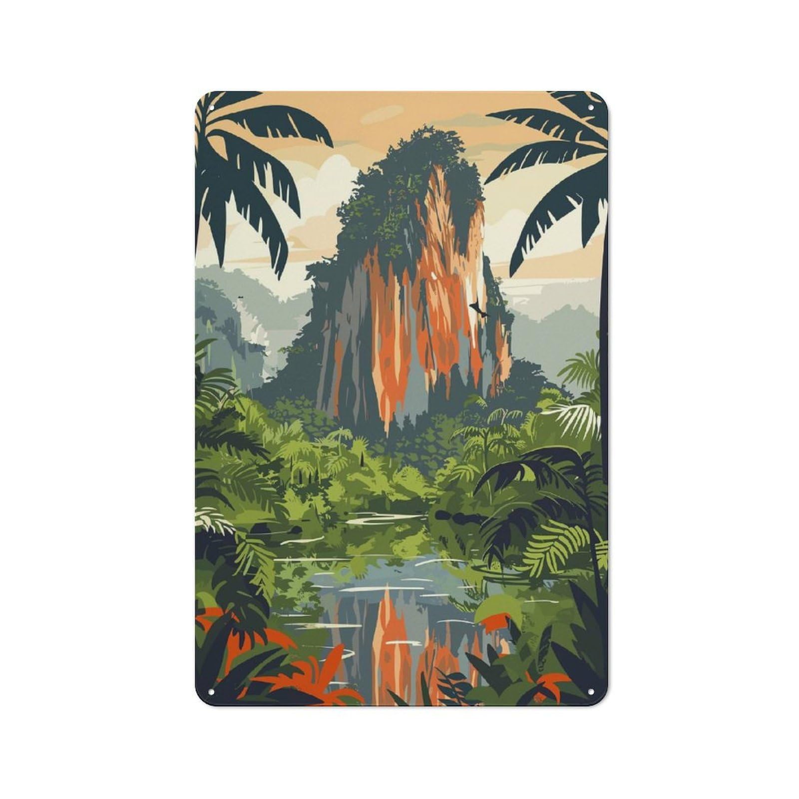 Junmoney Tropical Jungle Landscape With Mountain For Hobby Room Or Studio, Rustic Metal Sign 30X20cm, For Creative Interior Collectors Refreshing A Room In Autumn