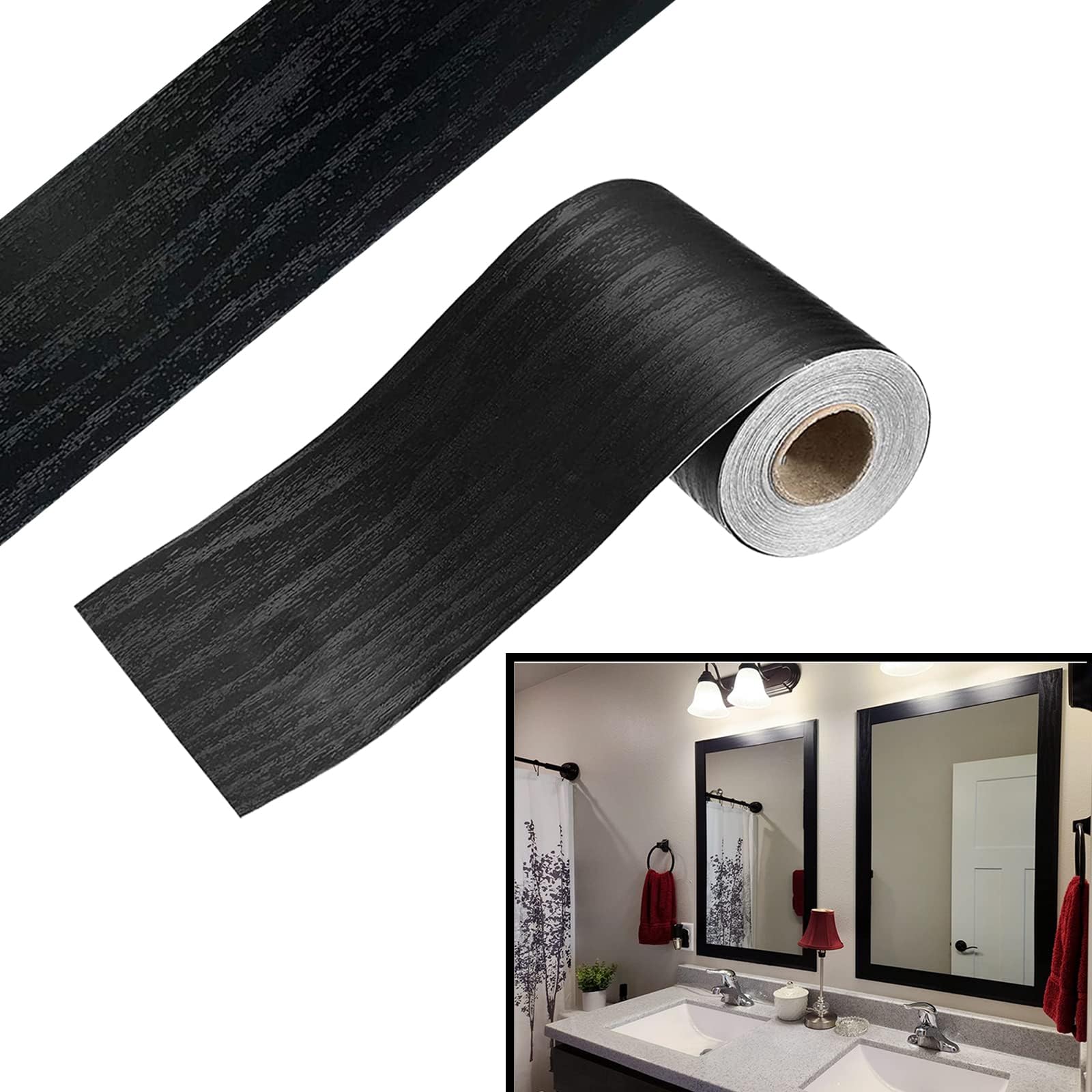 Black Wood Grain 3D 10M Wallpaper Border Peel & Stick PVC Wall Covering Kitchen Bathroom Bedroom Tiles Decor Sticker,4 Inch by 32.8 Feet