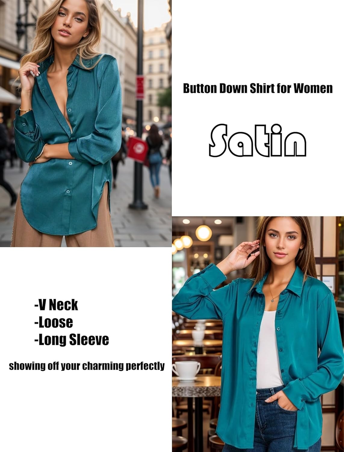 HOTOUCH Button Down Shirts for Women Satin Silk Collared Dressy Casual Blouses Loose Long Sleeve Office Work Tops - Image 5