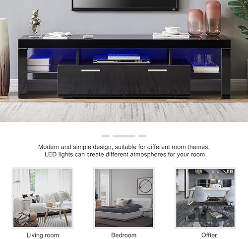 Miniatura 13 de Nrizc Soporte de TV LED blanco para TV de 75 pulgadas, centro de entretenimiento de alto brillo con cajón de almacenamiento, mesa consola para sala