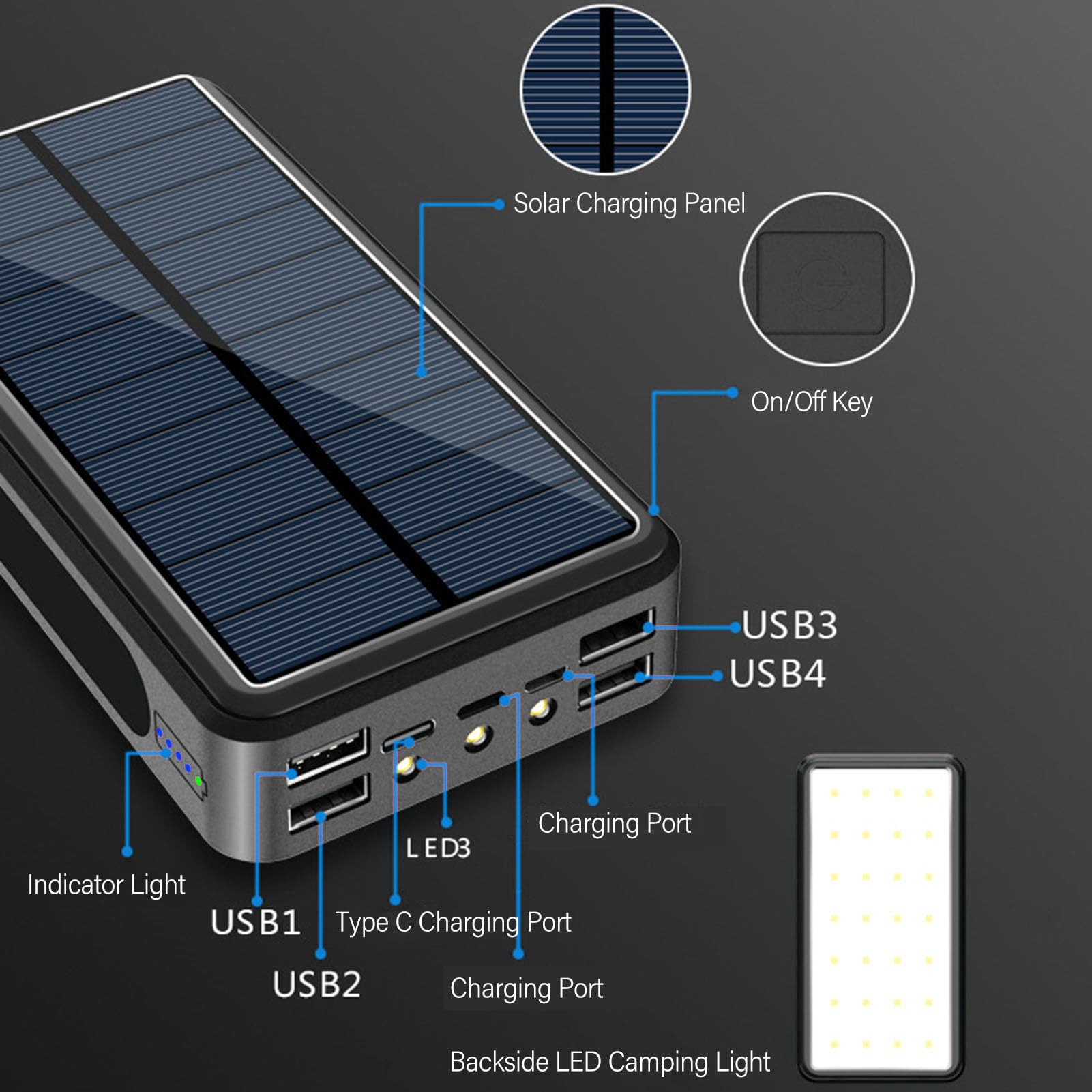 Chargeur Portable avec Banque D'énergie Solaire 50000mAh et Lumière LED pour Les Activités de Plein Air Randonnée en Alliage D'aluminium (Noire)