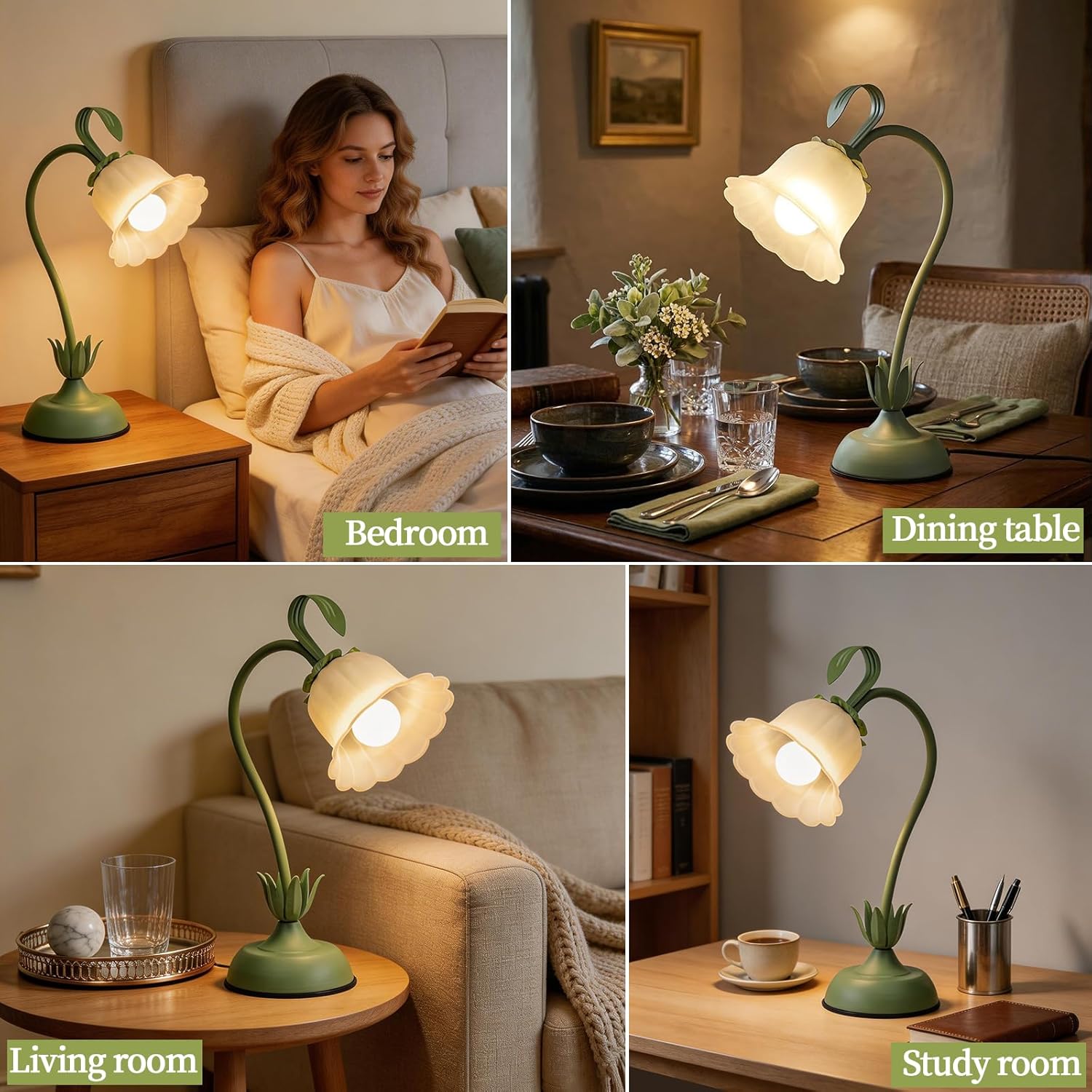 Tulip Flower Table Lamp, 3 Color Temperature Flexible Gooseneck Cute Small Desk Lamp for Bedroom, Vintage Nightstand Bedside Lamps for Living Room, Dorm, Office, Home Decor (Tulip Green)