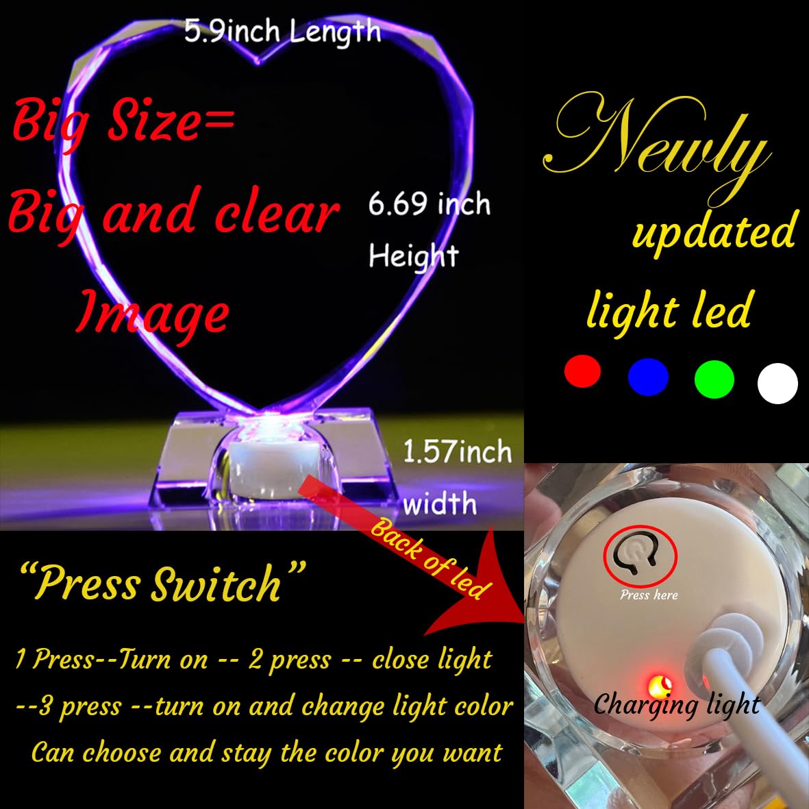 Photo en cristal 2D/3D personnalisée en verre - Souvenir en forme de cœur gravé avec votre propre image (anniversaire, mariage, fête des mères, fête des pères, Saint-Valentin, Noël)