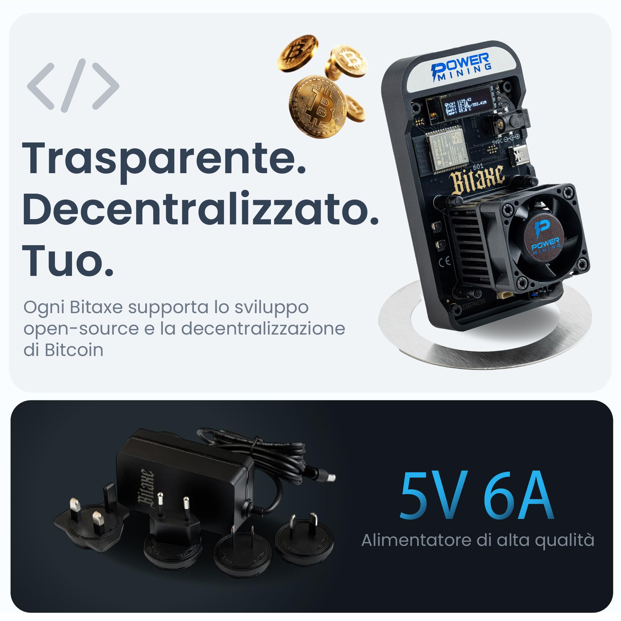 Bitaxe Gamma 602 Bitcoin (BTC) Solo Home Miner con Power Supply and Stand BM1370 ASIC Made in Europe