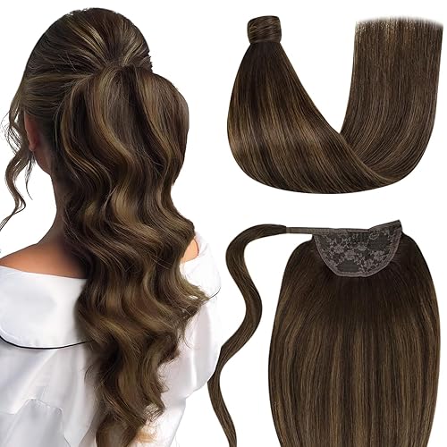 LAAVOO Extensiones de cabello con clip para cola de caballo, mezcla de marrón sucio, color gris ahumado, 16 pulgadas, 2.82oz, extensiones de cabello