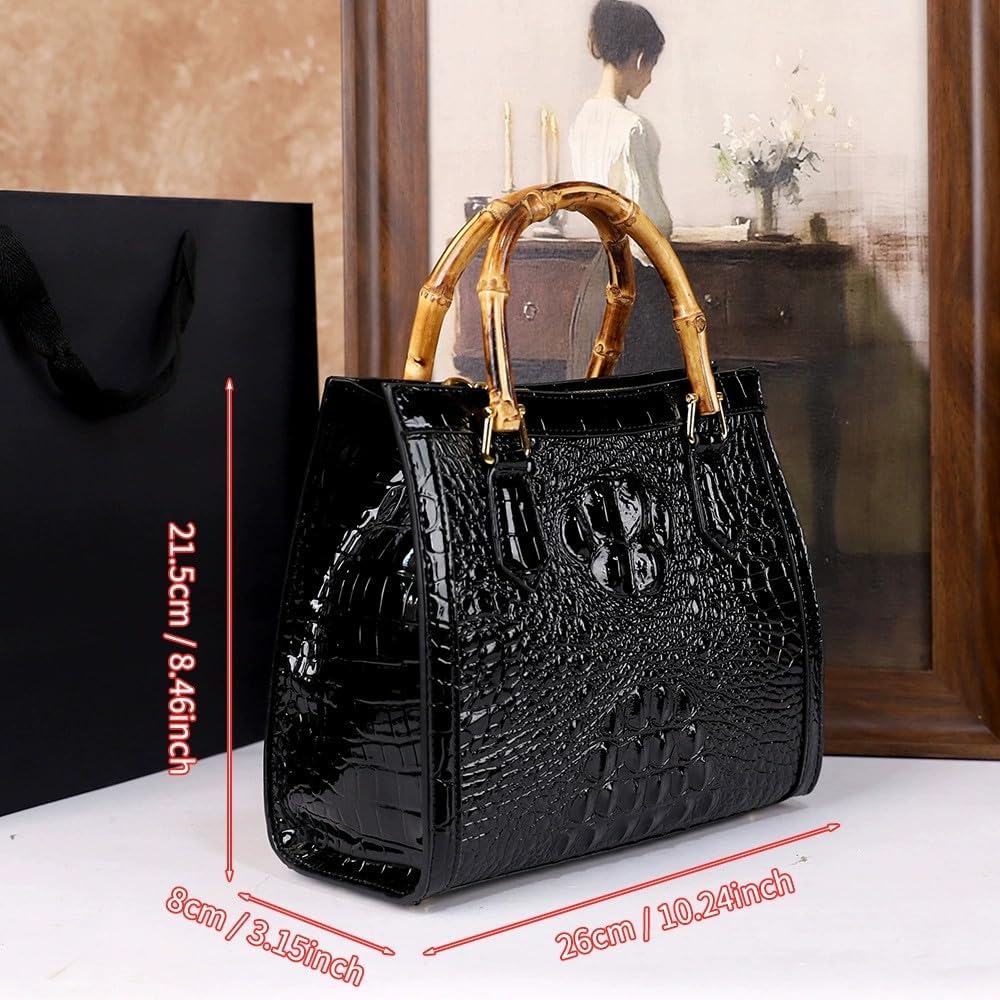 Crocodile Pattern Leather Women's Bag With Real Bamboo Handle Purse Small Satchel Handbags Tote Bag Shoulder Messenger Bags - Image 7