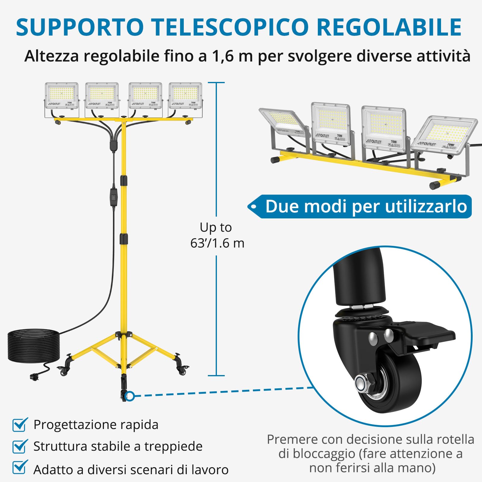 AUTOUTLET Faretto da Cantiere con Treppiede Allungabile e Ruote,4×70W 24123LM Faro Led da Esterno con Interruttore e Cavo di Alimentazione da 5 M,IP66 Impermeabile,per Garage Officina Campeggio