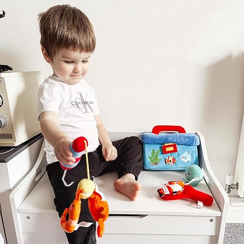 Miniatura 5 de OUOZZZ Juguete de pesca de peluche para bebé, 6 piezas, suave, caja de aparejos de pez, regalos de animales de peluche con campana chirriante,