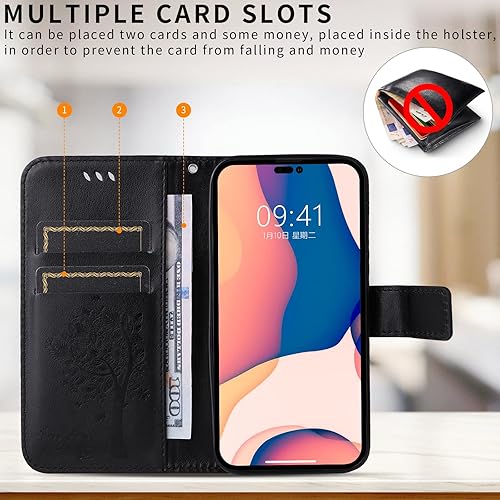 Miniatura 3 de Funda tipo cartera compatible con iPhone 15 Pro Max con tarjetero, piel sintética con función atril para mujeres y hombres, con diseño de árbol en