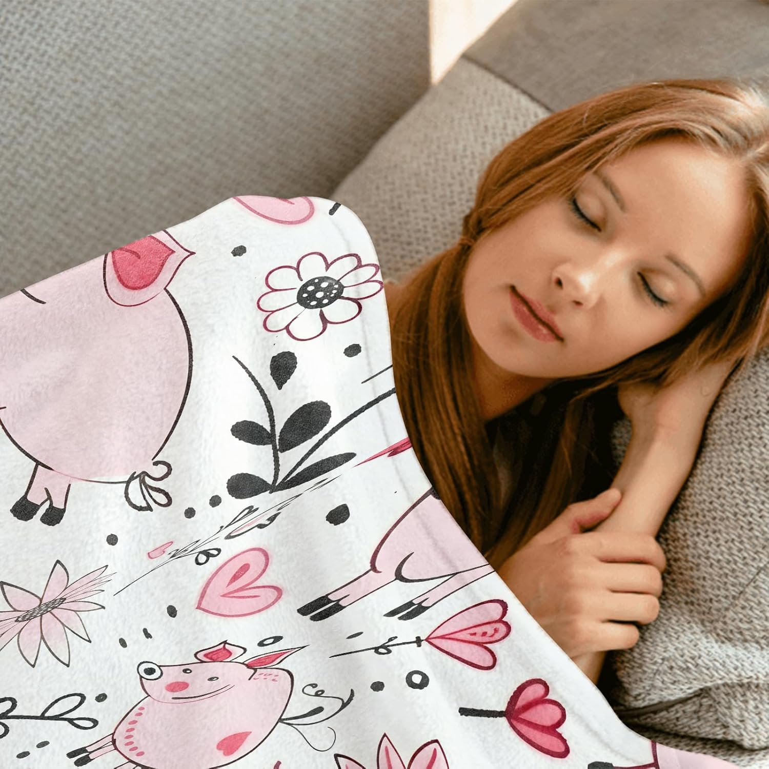 Cute Pig Throw Blanket,50x60in,Soft,Lightweight Flannel,Pink Cartoon Pigs Heart Flower Blankets - Gifts for Kids Women,for Couch Office Travel,Home Living Room Whimsical Decor - Image 4