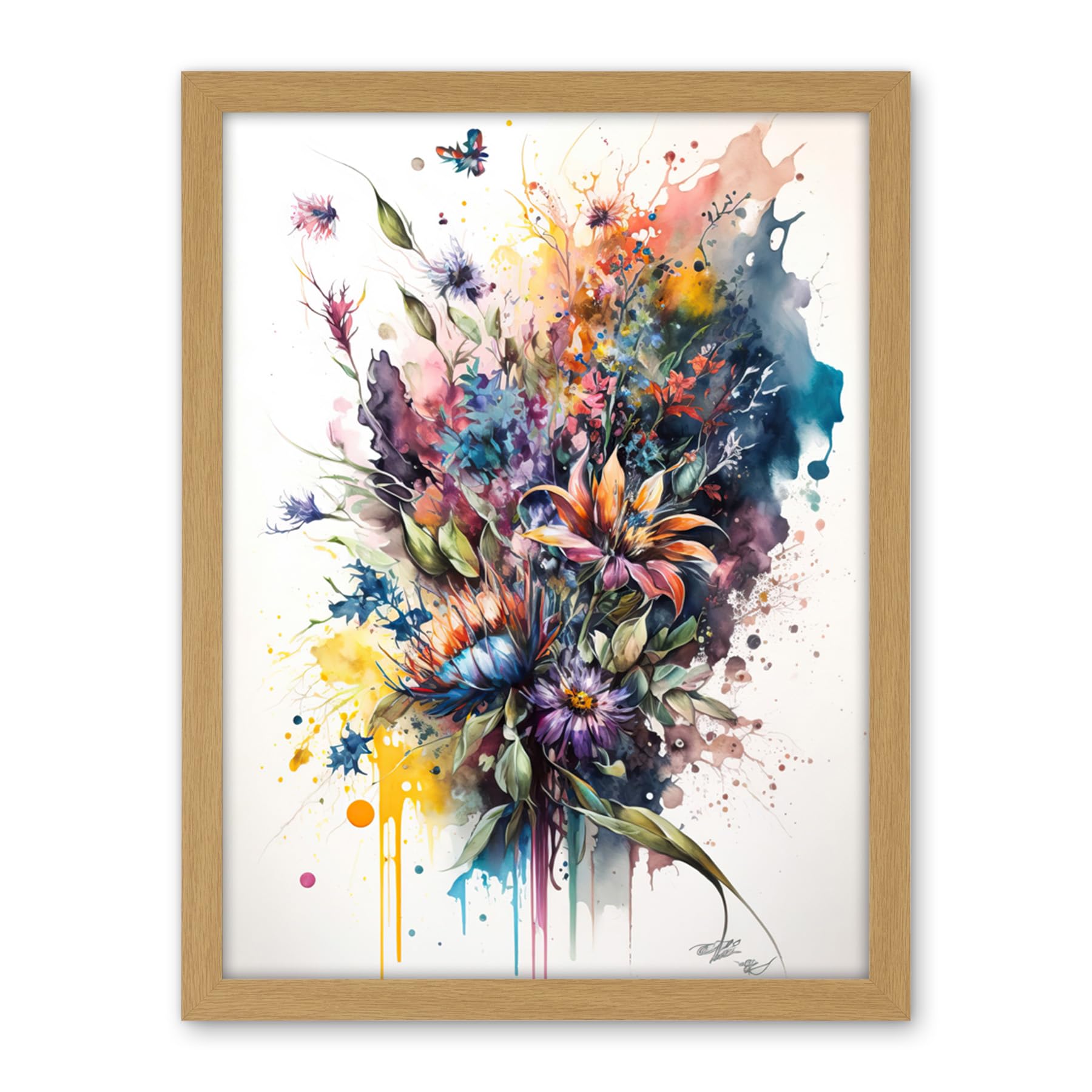 Artery8 Flower Bouquet Illustration over Watercolour Splat Artwork Framed Wall Art Print 18X24 Inch