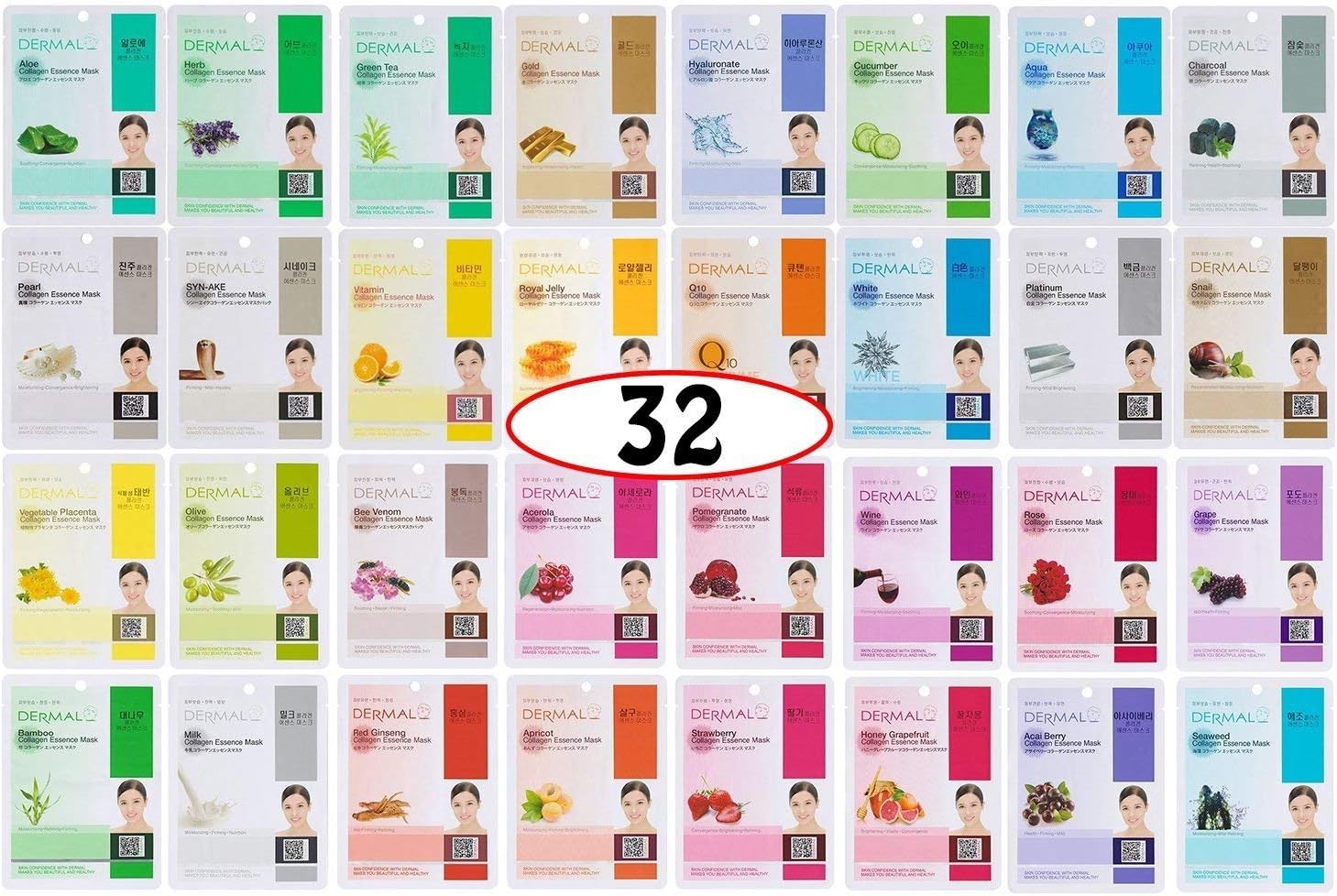 Korean Collagen Face Mask 32 Combo Pack A+B Set – Hydrating & Soothing Sheet Mask with Panthenol, Hypoallergenic Calming Moisture Care for All Skin Types