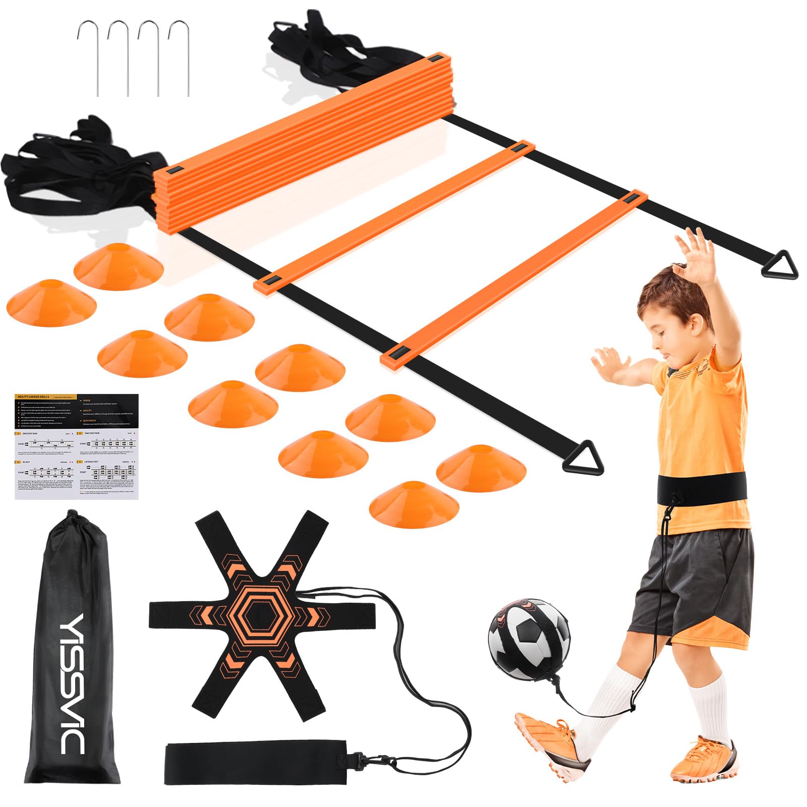 YISSVIC Kit Allenamento Calcio e Agilità con Scala di Agilità 6 Metri 12 Pioli, 10 Coni, 4 Picchetti e Allenatore di Calcio/Tiro, Adatto per Bambini