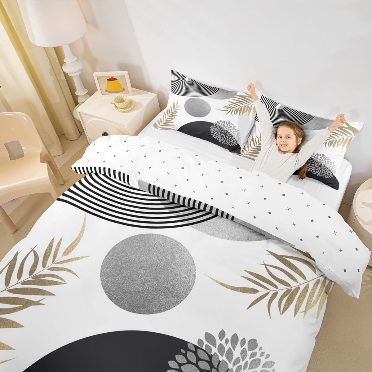 Erosebridal Boho Gray Black and Gold King Size Bedding Set, Abstract Mid Century Bohemian Duvet Cover for Adults Men Teens, Minimalist Leaves Comforter Cover, Arch Geometric Modern Botanical Bed Set