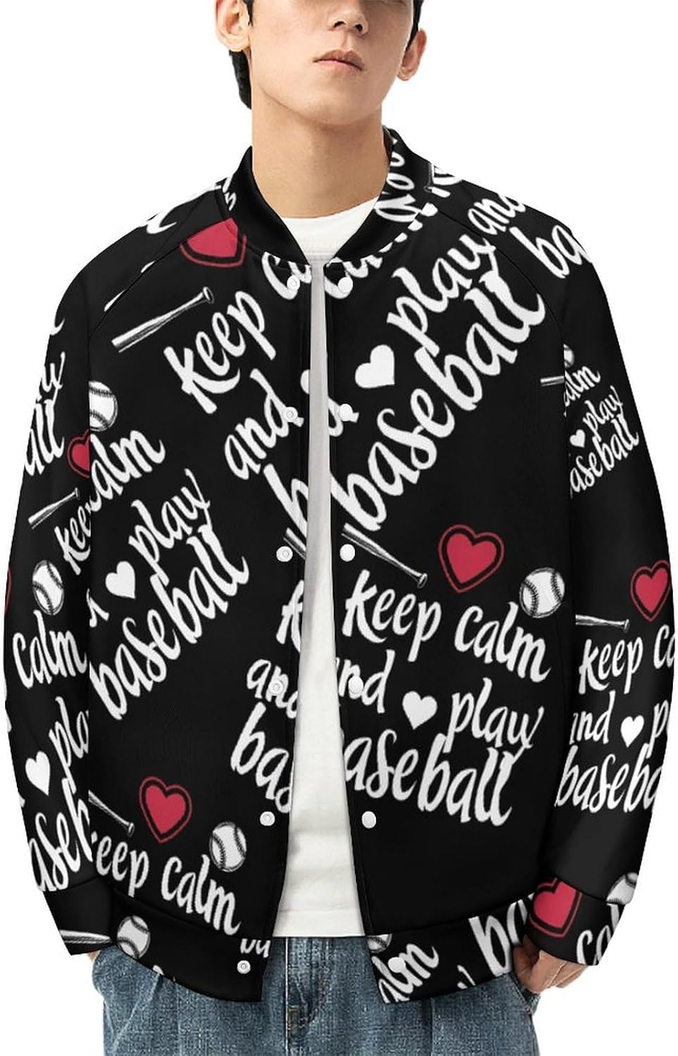 Keep Calm And Play Baseball Novelty Men's Baseball Jackets Causal Sweatshirt Button Top Long Sleeve Coat