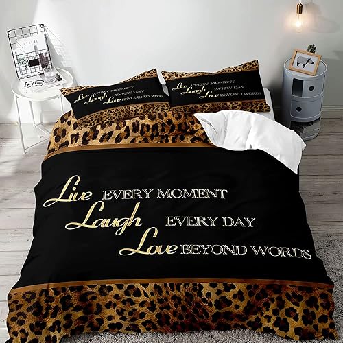 VIVIHOME - Juego de funda de edredón con estampado de leopardo, 3 piezas, con citas motivacionales, color marrón, guepardo y negro, decoración