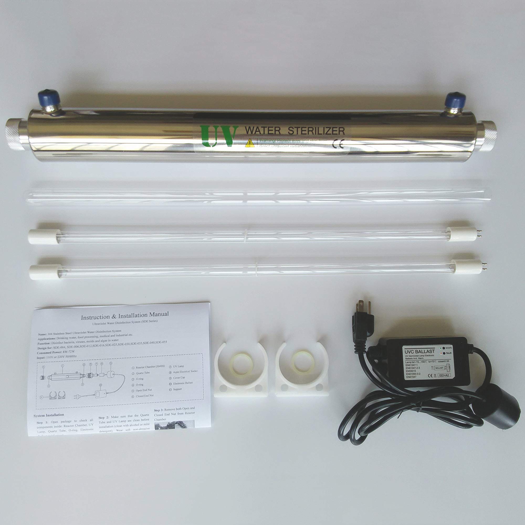 Stérilisateur d'eau UV 25W stérilisateur Ultraviolet en Acier Inoxydable 304, Filtre stérilisateur de purificateur d'eau ultraviolette, 6 GPM taux de stérilisation 99,99%, avec 2 Tubes UV