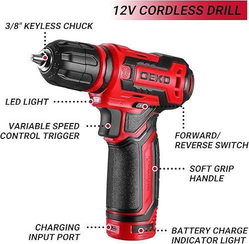 Miniatura 4 de Juego de herramientas de taladro kit de herramientas con taladro inalámbrico de potencia de 12 V, caja de herramientas de reparación manual con