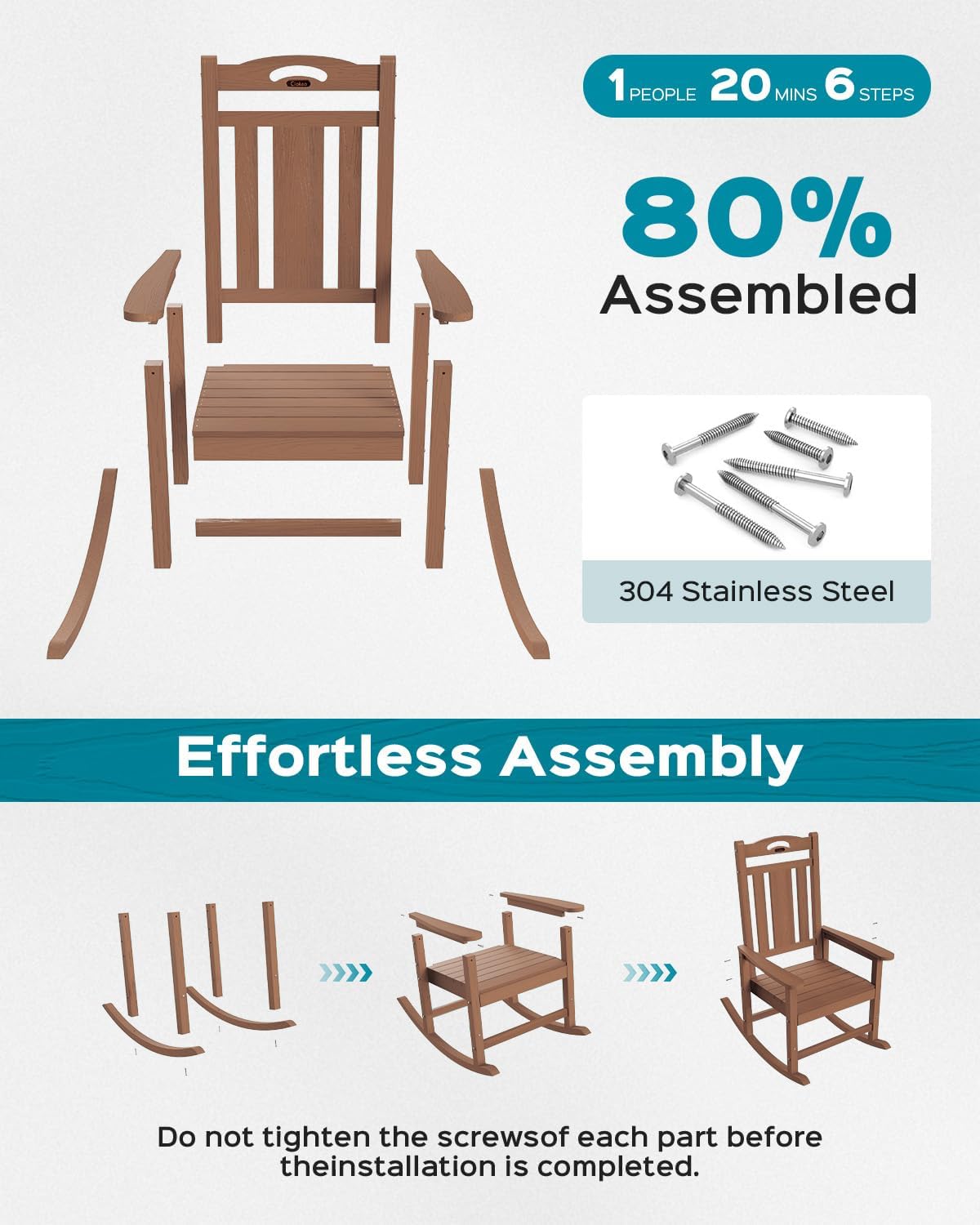 Oversized Rocking Chair Outdoor, HDPE Poly Rocking Chair, All Weather Porch Rocker for Deck Patio Balcony, 380lbs, Teak