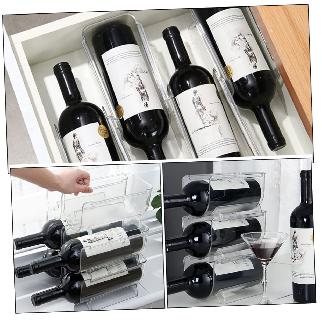 2 estantes apilables para vino, contenedor de almacenamiento transparente para botellas de vino, bebidas y agua, ahorro de espacio para el hogar, bar, oficina y comedor
