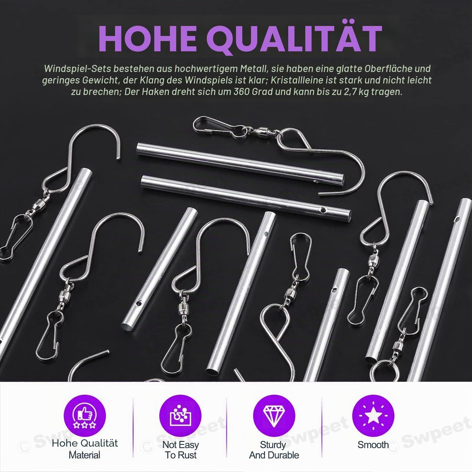 Swpeet 61-teiliges Windspiel-Röhren- und Draht-Set mit drehbaren Haken, DIY-Handwerk, hängende Windspiele