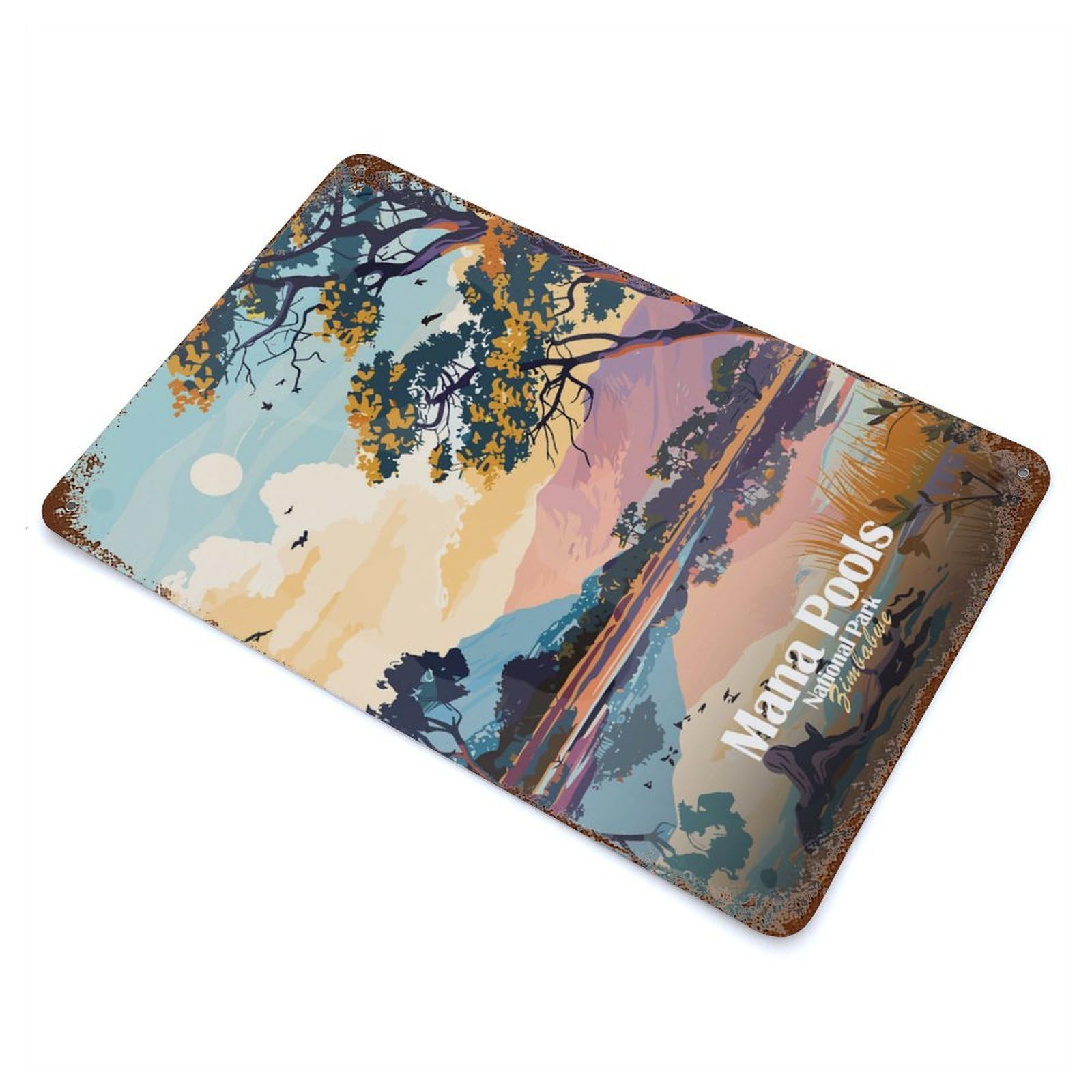 Mana Pools National Park, Zimbabwe 11.8"x7.9" Weathered Tin Sign, Decorative Metal Wall Art for Cafe, Home Bar And Lounge Decor