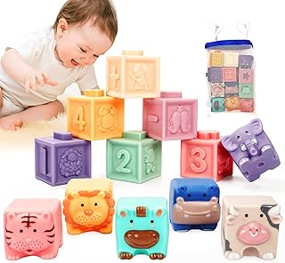 EPCHOO Squeeze Baby Blocks, 12PCS Baby Soft Stacking Building Blocks for Squeeze Teething Montessori Toys with Numbers, Shapes, Animals, BPA Free Sensory Bath Stacking Toys for 1 2 year old