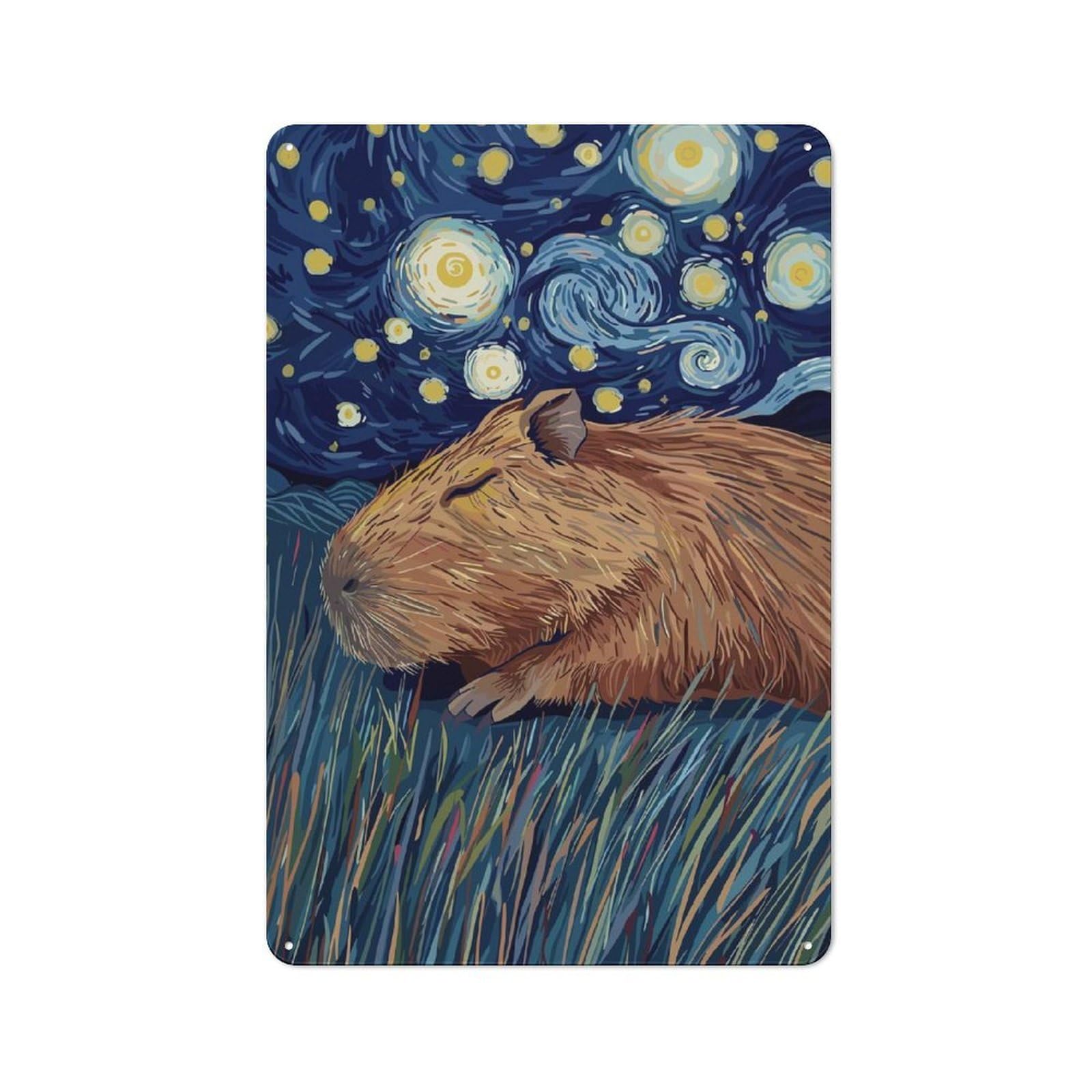 Junmoney Capybara In Starry Night Style Metal Plaque 30X20cm With For Pub Or Café, Rustic Decor, For Pub Decor Enthusiasts