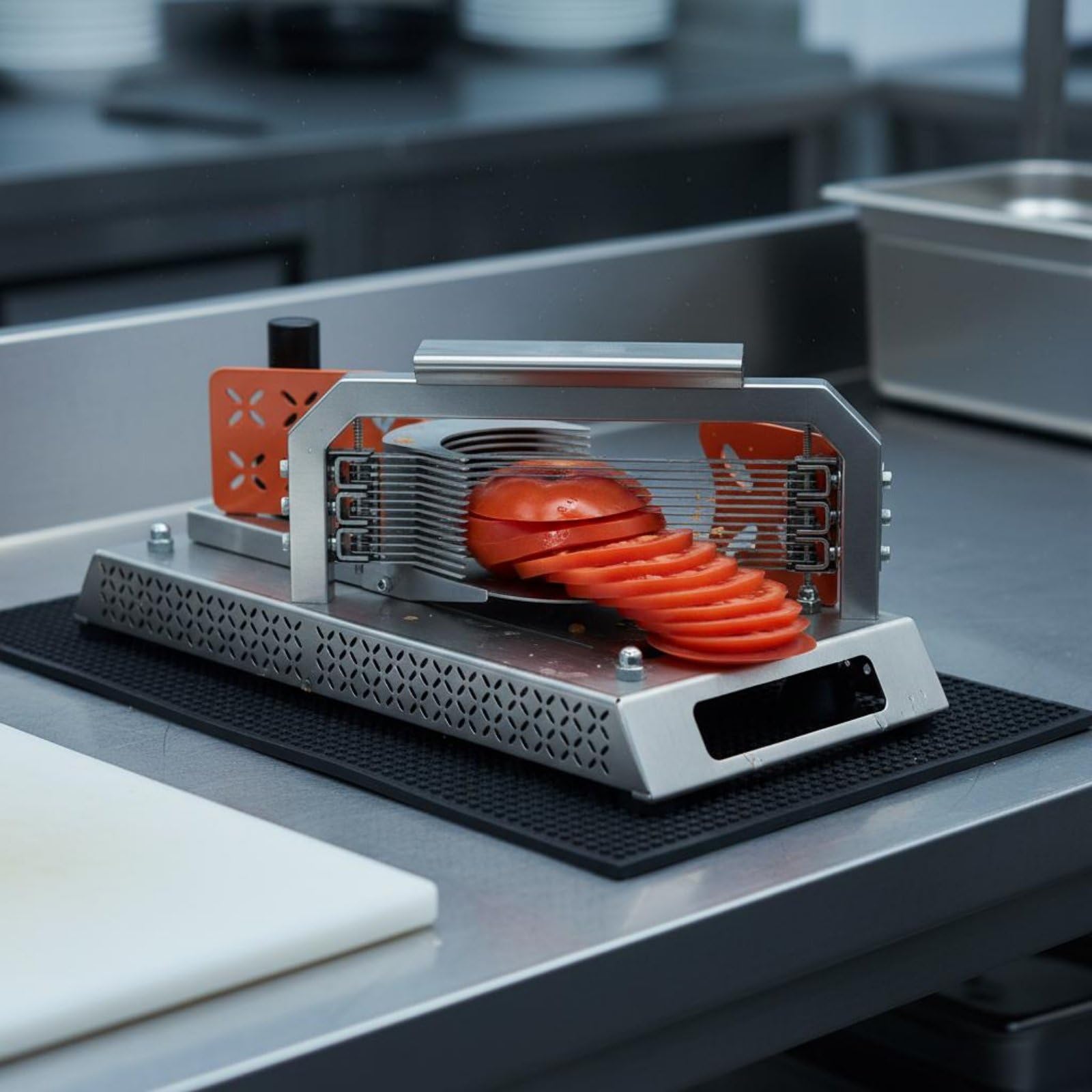 Qianly Manueller Tomatenschneider manuelle Bedienung Tomatenschneider gleichmäßige Scheiben Edelstahl Obstschneider für Gastronomiepersonal, Catering