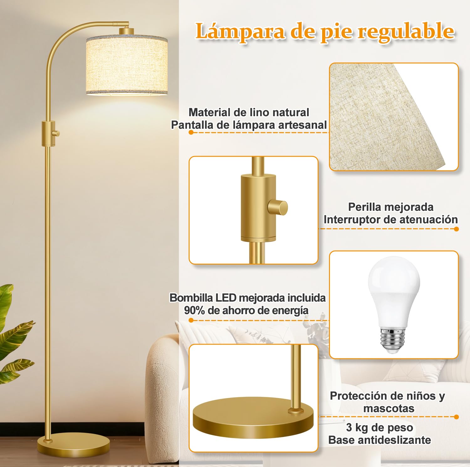 Nintiue Lampara de pie regulable, Bombilla LED de 1200 lúmenes incluida, 165cm lampara de pie salon, lámpara de pie de arco con Pantalla Ajustable para Dormitorio y Oficina