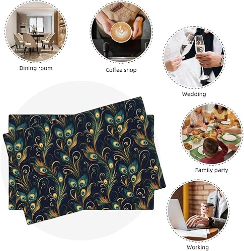 Miniatura 7 de Dining Table Placemats Set of 4-12x18 Inch Elegant Peacock Feathers (A) Print Faux Linen Double Heat Resistant Place Mats, Kitchen Table Mats,