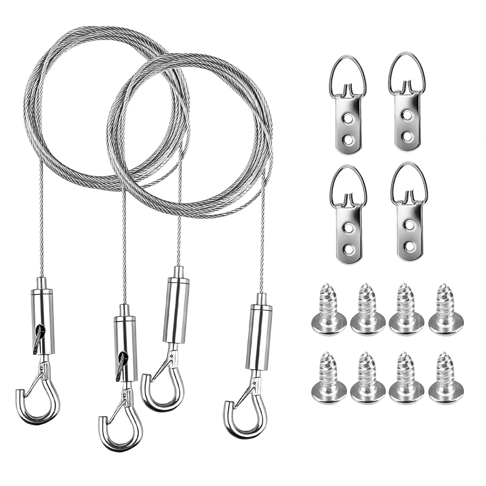 2 Set Adjustable Picture Hanging Wire Kit, 2m Stainless Steel Safety Cable with Double Hooks, Locking Wire Rope Hanging System for Frames Mirrors Artwork Gallery Display Home Office
