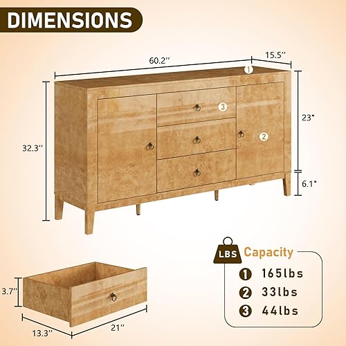 Miniatura 3 de Aparador de madera Burl de alto brillo de 60 pulgadas con 3 cajones y 2 almacenes cerrados, aparador moderno de mediados de siglo para comedor, sala