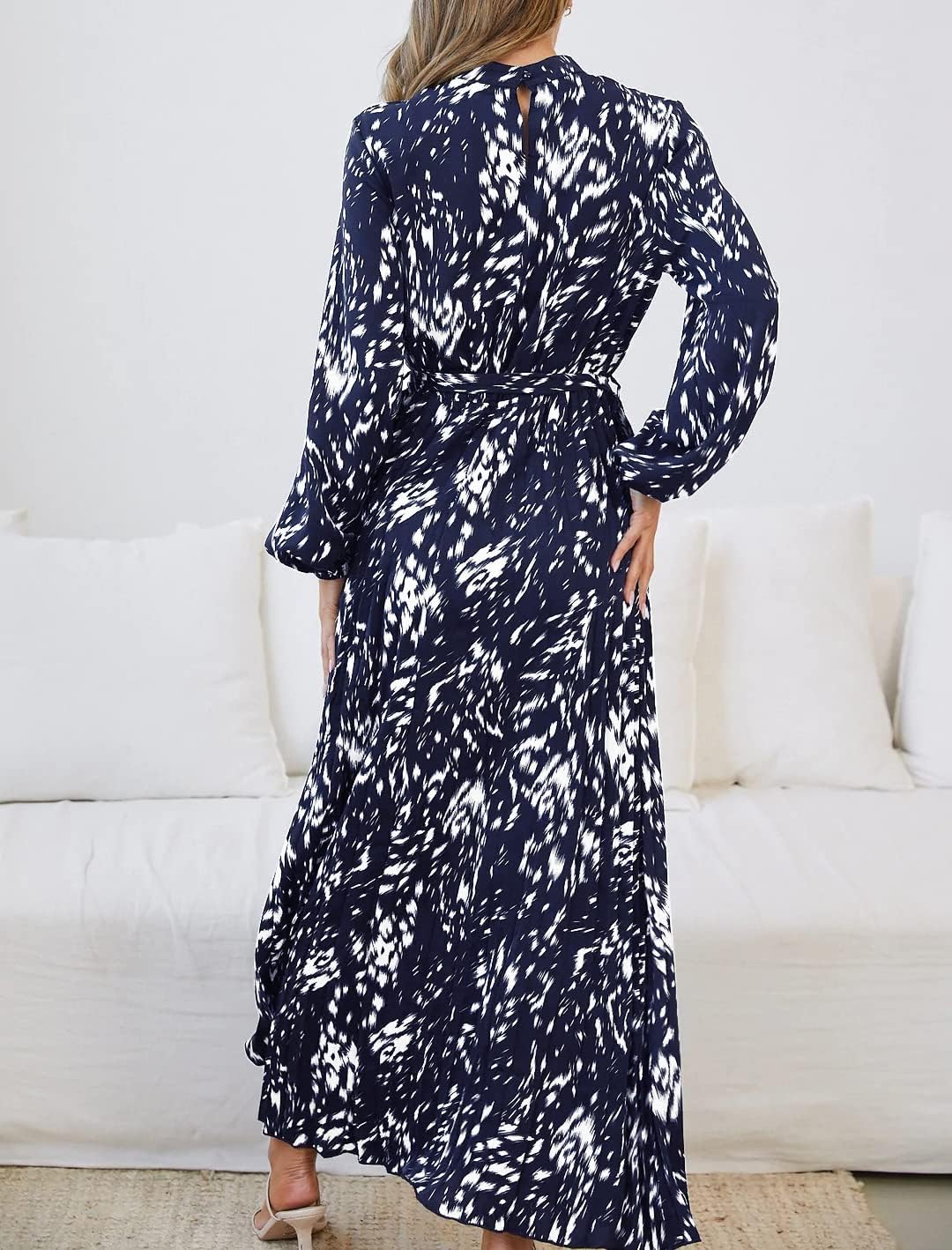 R.Vivimos Fall Dresses for Women Long Sleeve Pleated Casual Mock Neck Elegant Print Maxi Dress with Belt - Image 3