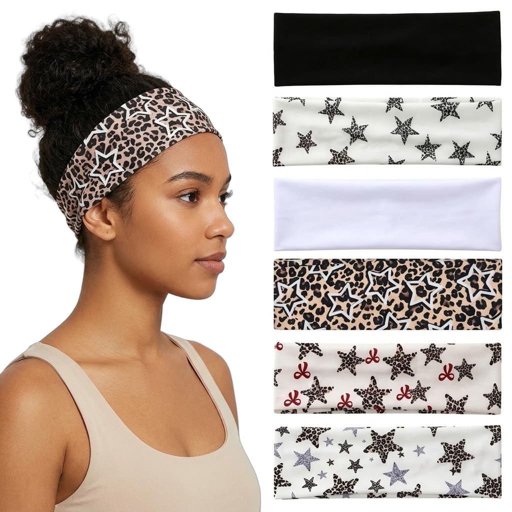 MAYCREATE® 6 Pack Y2K Stretchy Headbands for Women, Fashion Hair Bands with Star Print, Leopard & Bow Designs, Soft Polyester Elastic Head Wraps for Sports, Yoga, Makeup, Workouts-image-28
