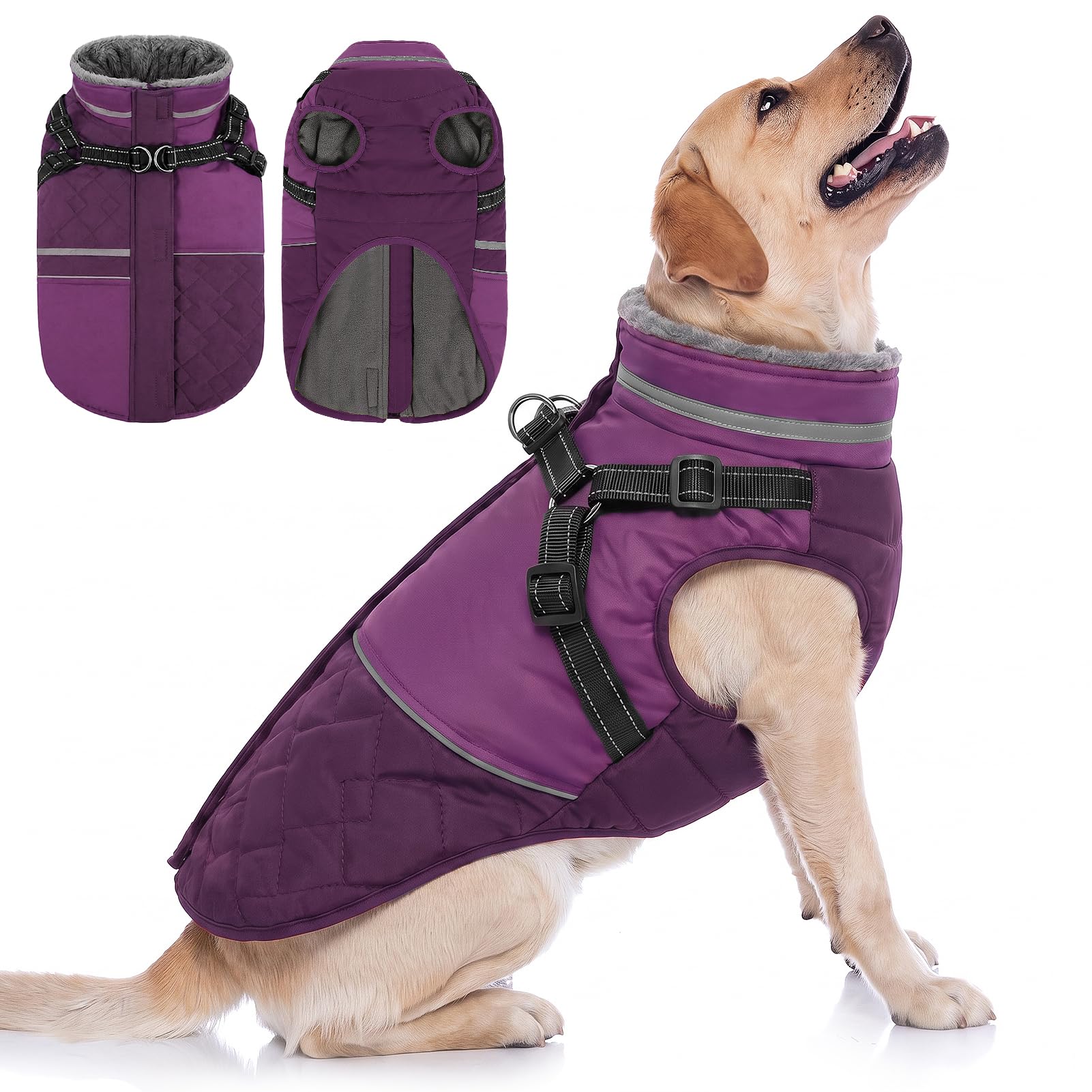 Queenmore Dog Coats Waterproof With Harness, Zip-Up Closure, Purple, XL