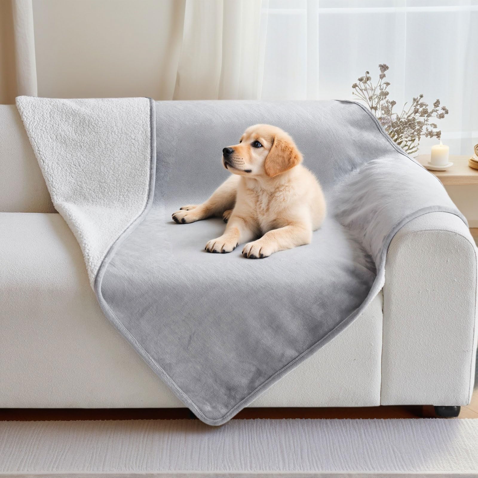LiveGo Couverture imperméable pour animal de compagnie – Couverture réversible en polaire Sherpa pour chien, en peluche douce, lavable pour canapé, lit et meubles – Housse antidérapante pour animal