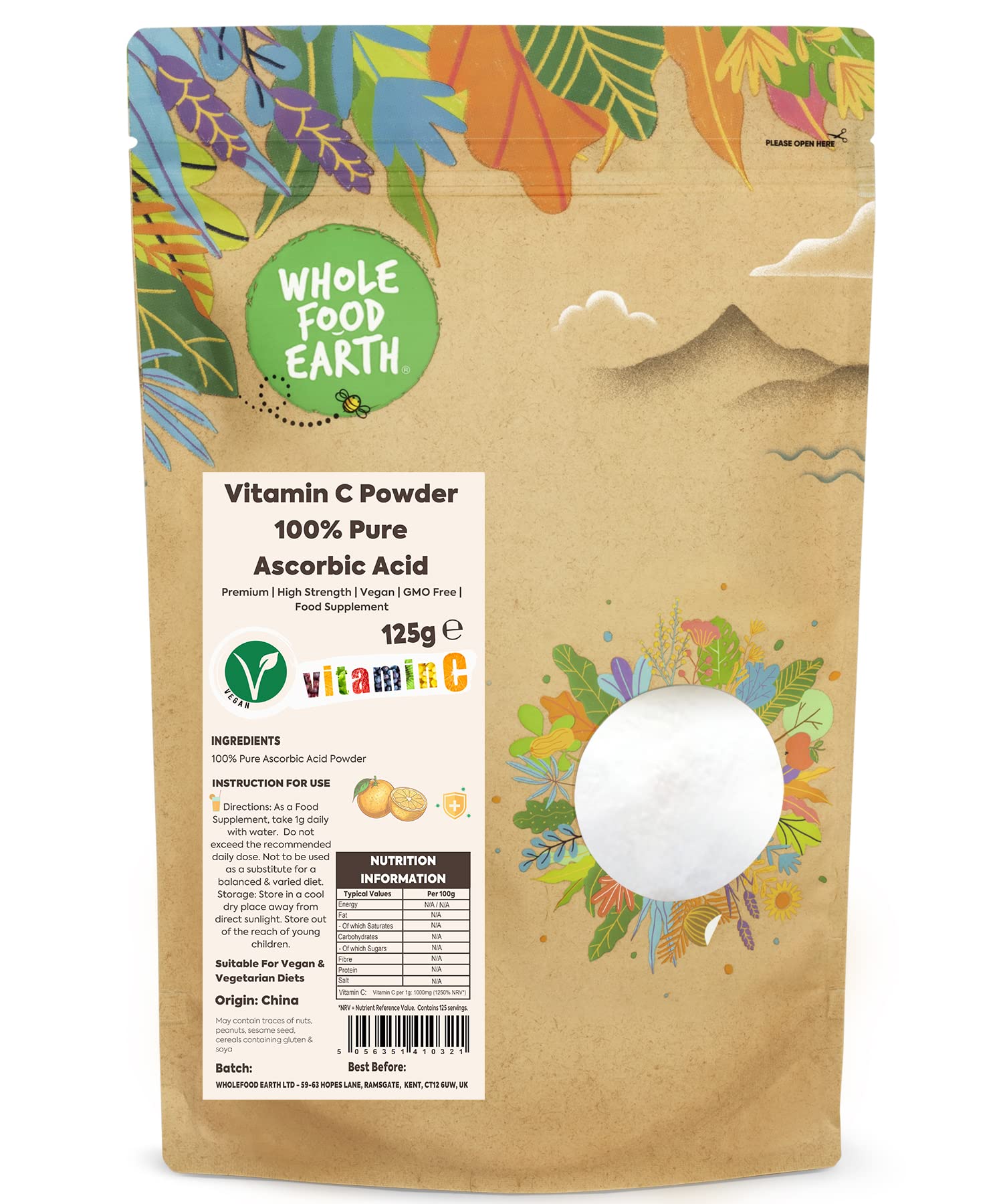 Wholefood Earth Vitamin C Powder 100% Pure Ascorbic Acid 125g, Premium, High Strength, Vegan, GMO Free, Food Supplement