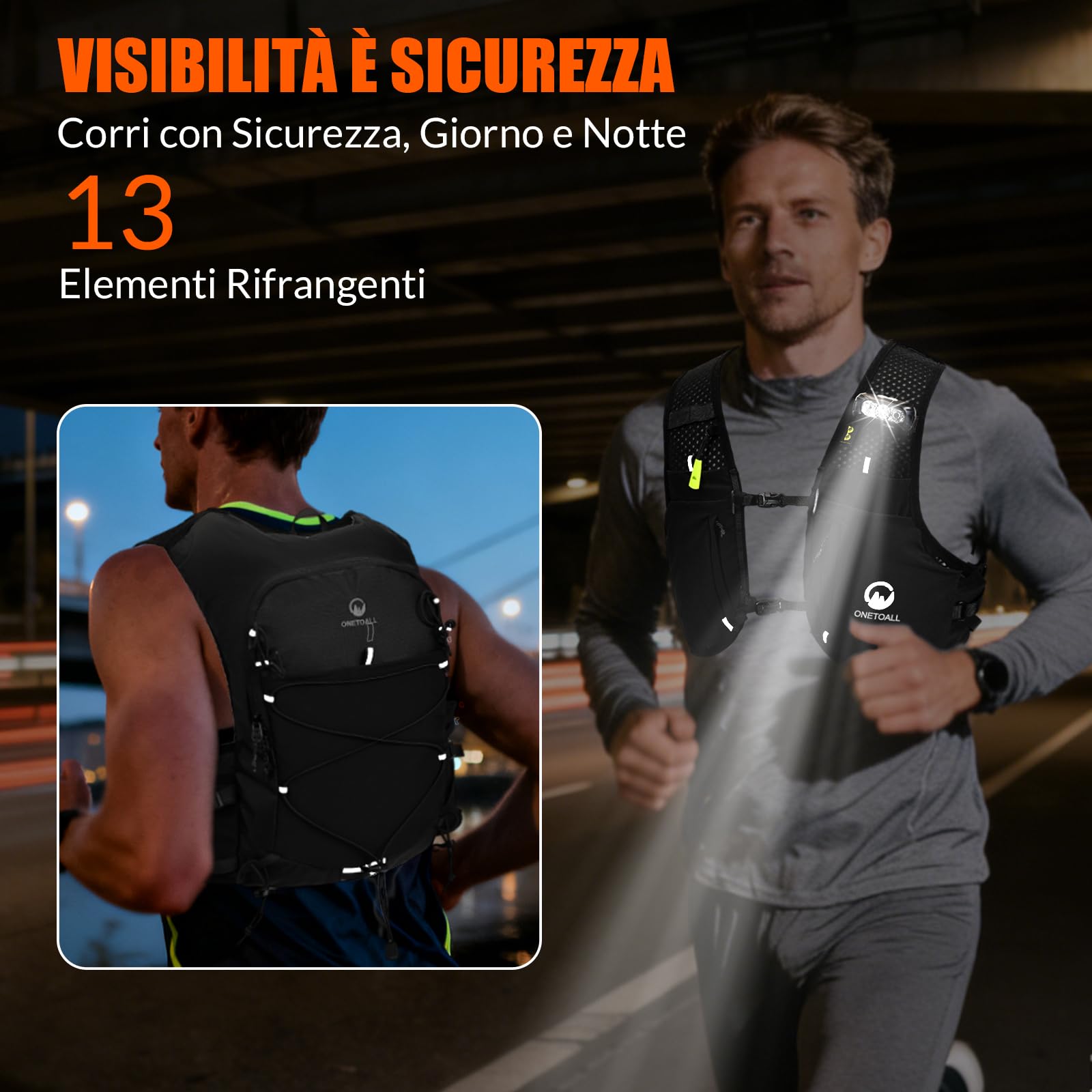 Gilet Running Uomo Donna, Zaino Trail Running con 2 Borraccia Morbida 500ml y Luce LED Ricaricabile, Gilet Corsa Leggero, Running Vest Zaino Corsa Zaino Idratazione per Trekking Ciclismo Sci