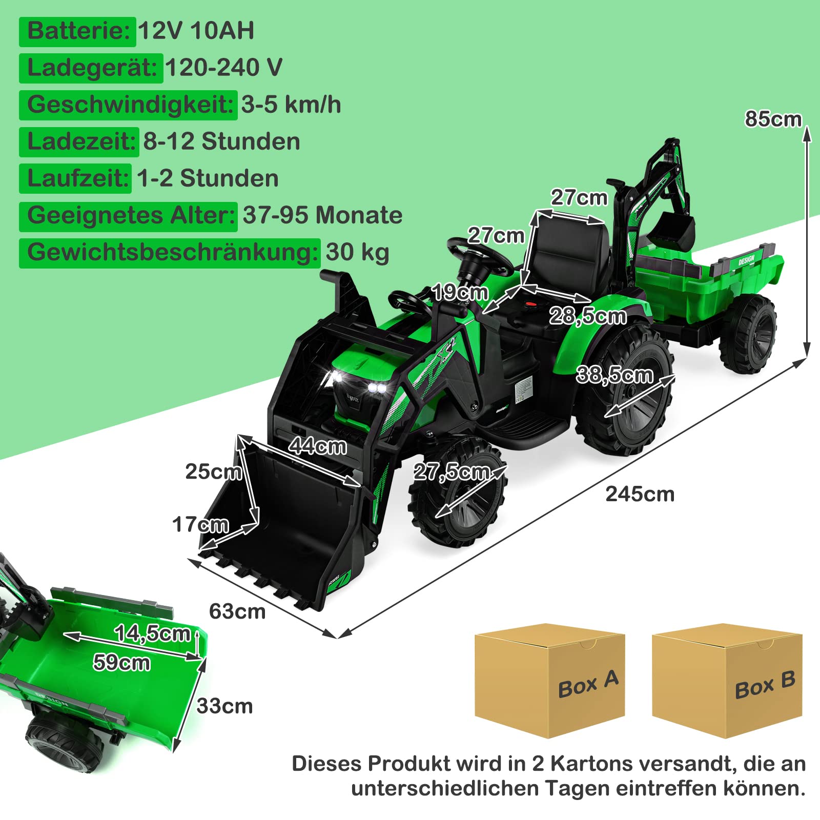COSTWAY Tractor Electrico para Niños 12V,Coche Eléctrico para Niños 2